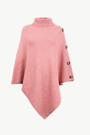 Pink acrylic turtleneck knit poncho with button detail on sleeve