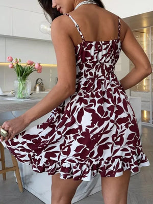 Spaghetti Strap Ruffle Hem Mini Dress in Red, editorial view
