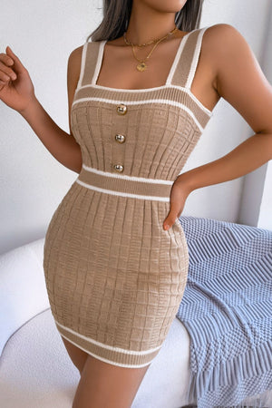 Camel ribbed knit mini dress with white trim and gold button detail.