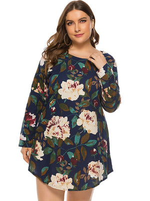 Navy botanical print trapeze mini dress with long sleeves and round neckline.