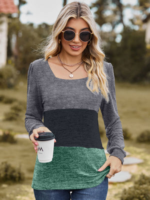 Square neck colorblock blouson top in gray, black, and gum leaf green with ruched sleeves.