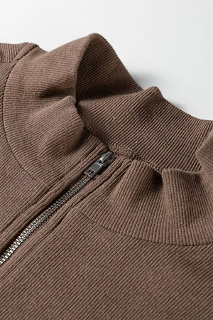 Striped Color Block Zip Collar Oversize Sweatshirt in Coffee Brown, back view
