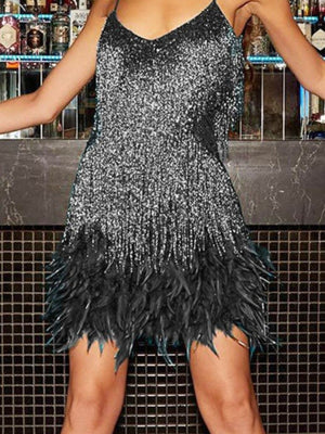 Black sequin fringe mini dress with feather trim hem
