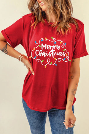 Red round neck tee with Merry Christmas lights graphic and rolled sleeves.