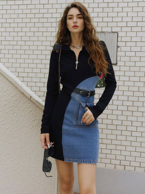 Black and denim patchwork mini dress with zip neckline and belted waist