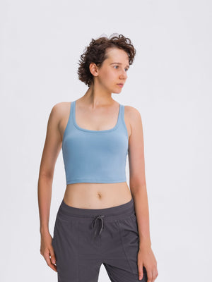 Light blue sculpted racerback crop tank top with a square neckline.