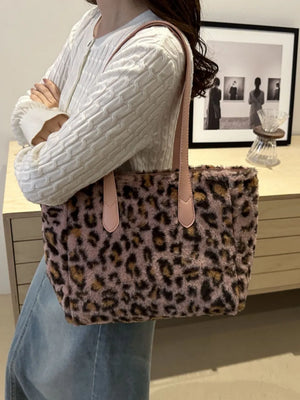 Fuzzy leopard shopper bag with blush handles