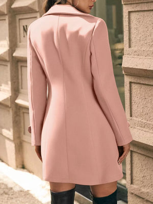 Pale Blush double-breasted wool blend trench coat with cuffed sleeves and a-line cut.