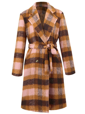 Belted bouclé overcoat with plaid pattern in brown and pink, featuring a tie waist and double-breasted closure.