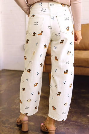 Abstract Dog Print Wide Leg Jeans in White, side view