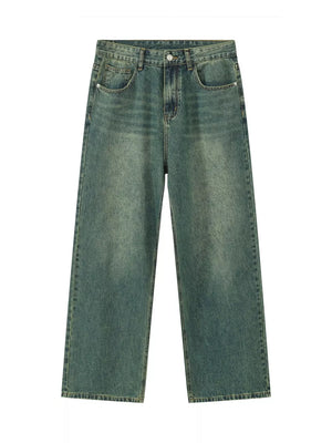 Men's gradient wash wide-leg jeans in dark green cotton with a relaxed fit.