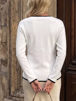 Contrast Trim Button Decor Knit Top in White, fabric detail