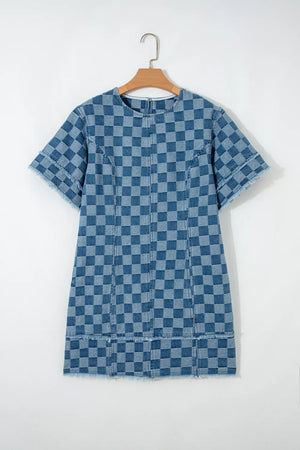 Denim checkered mini dress with frayed hems and short sleeves.