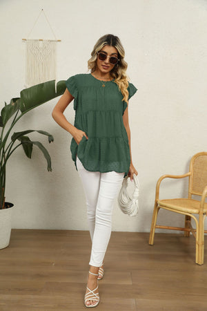 Forest green Swiss dot tiered flutter sleeve blouse with round neckline