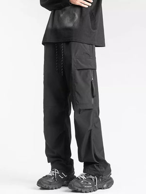 Men's black relaxed fit cargo sweatpants with adjustable drawstring and ankle cuffs.