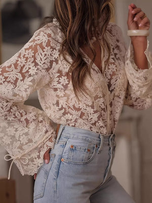 Lace Sheer Button Up Shirt in Cream White, front view