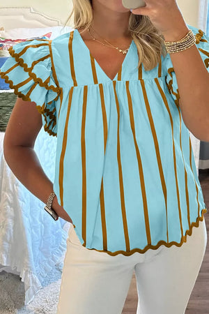 Light blue cotton blend blouse with brown stripes, V-neck, and ruffled tiered sleeves.