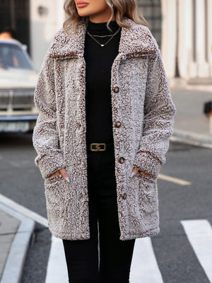 Taupe teddy bear textured button-down coat with collar and pockets.