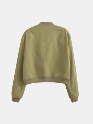 Boxy bomber jacket in yellow-green with ribbed collar, cuffs, and hem.