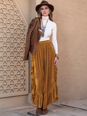 Velvet ruffle slit palazzo pants in caramel with a wide leg and ruffled hem.