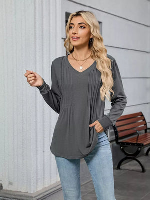 Dark gray V-neck long sleeve maternity t-shirt with pleated detail and relaxed fit.