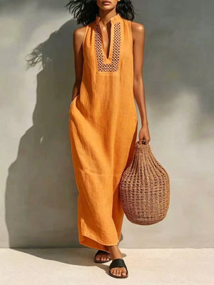 Sleeveless Maxi Dress With Pockets in Orange, back view