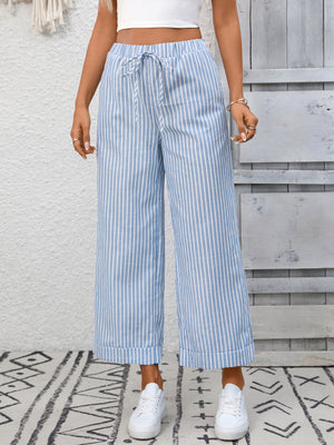 Light blue and white striped drawstring wide leg pants with pockets