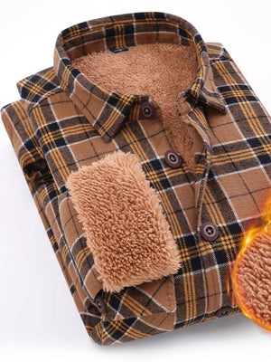 Men's brown plaid sherpa-lined button-up shirt with pocket detail.