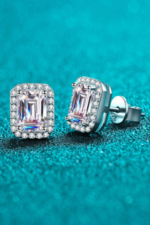 Silver emerald cut halo stud earrings with clear gemstones