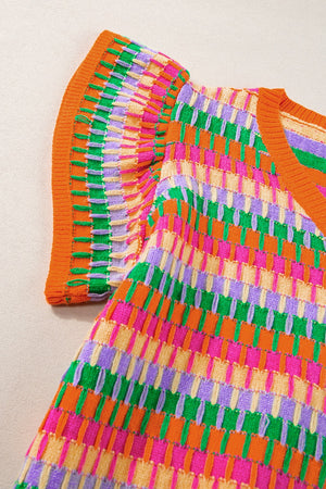 Geometric knit flutter sleeve blouse in orange with multicolor stripes and textured detail.