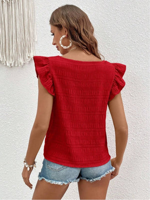 Red textured square neck blouse with ruffle sleeves
