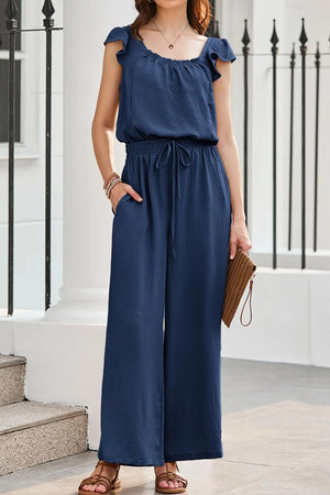 Dark Blue Textured Ruffle-Sleeve Drawstring Palazzo Jumpsuit with wide legs and pockets.