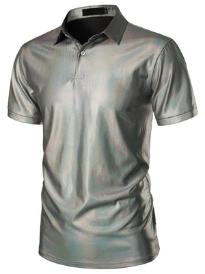 Men's grey collared polo shirt with textured finish and short sleeves.