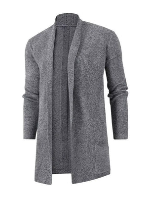 Men's heathered gray longline cardigan with pockets and open front.