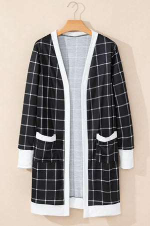 Black plaid duster cardigan with white trim and pockets
