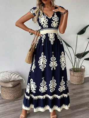 Ruffled Printed V-neck Maxi Dress in Dark Navy, back view