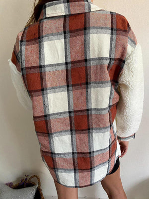 Plaid shacket with sherpa sleeves in brown and cream plaid.