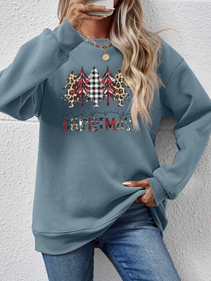Misty Blue crewneck sweatshirt with Christmas trees, buffalo plaid, leopard print, and Merry Christmas graphic.