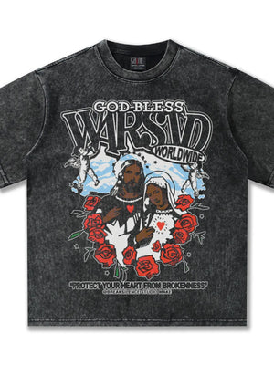 Men's dark gray graphic t-shirt with religious art and roses.