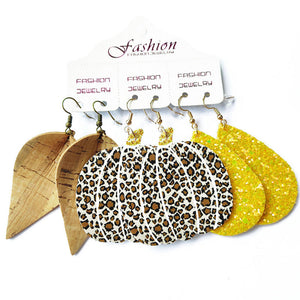 Leopard print pumpkin, glitter teardrop, and cork leaf earrings set