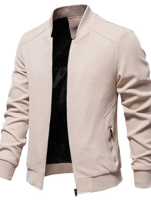 Textured knit bomber jacket in taupe with faux shearling lining and zip pockets.