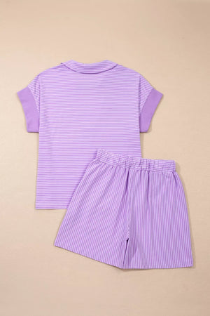 Purple striped polo shirt and drawstring shorts set, cotton loungewear for women.
