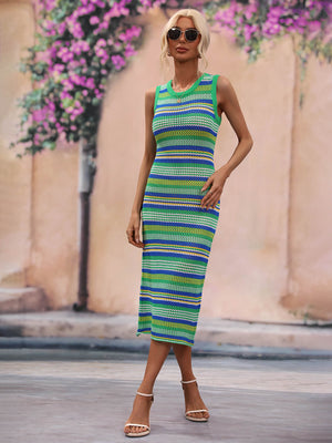 Striped knit sleeveless midi dress in green and blue with yellow accents.