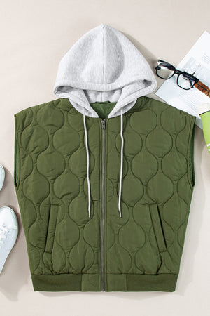 Quilted moss green hooded sleeveless jacket with zipper and drawstring hood.