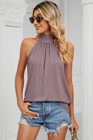 Lilac high neck halter tank top with gathered neckline detail