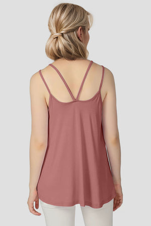Double strap trapeze cami in dusty pink with crisscross back detail.