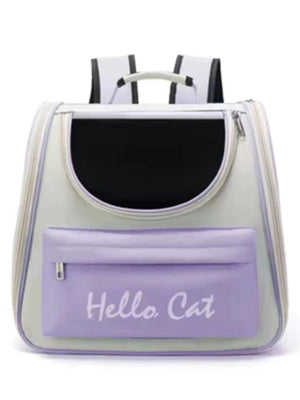 Stylish transparent pet carrier backpack in grey with purple accents and "Hello Cat" text.