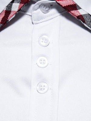 White cotton button-up shirt with plaid trim detail on collar and placket.