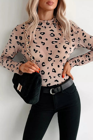 Mock Neck Sheer Mesh Leopard Bodysuit in Khaki, alternate angle