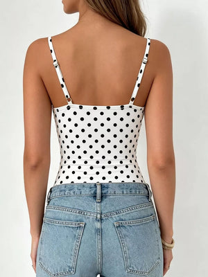 Polka Dot Cowl Neck Spaghetti Strap Bodysuit in White, back view